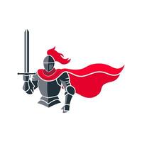A Resolute Medieval Knight in Full Armor with Flowing Red Cape and Upraised Sword, Prepared for Battle or Valiant Defense vector