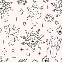 Seamless pattern with sun and cactus on light background. Wild West style. Hand drawn illustration for wrapping paper, textile, fabric. vector
