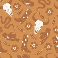 Seamless pattern with cowboy boots, hat, skull and snake on warm yellow background. Wild West style. Hand drawn illustration for wrapping paper, textile, fabric. vector