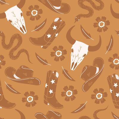 Seamless pattern with cowboy boots, hat, skull and snake on warm yellow background. Wild West style. Hand drawn illustration for wrapping paper, textile, fabric.