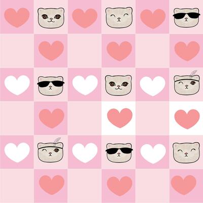 Plaid pink white hearts and cat. Valentine'd Day design seamless pattern