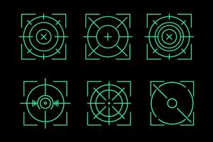 a set of green crossair target icons on a black background vector