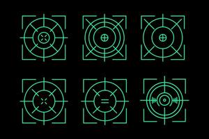 a set of green crossair icons on a black background vector