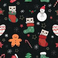 Cat with christmas theme pattern black background vector
