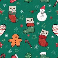 Cat with christmas theme pattern green vector