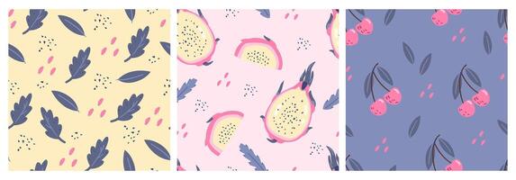 Set of seamless patterns with fruits, berries and leaves. Dragonfruit, cherry and leaves botanical patterns. vector