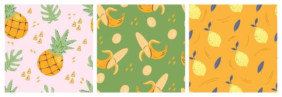 Set of bright colorful seamless patterns with ripe tropical fruits pineapples, bananas, lemons. vector