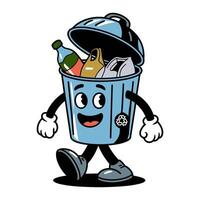 Cartoon Trash Can Character Walking with Recycling Symbol vector