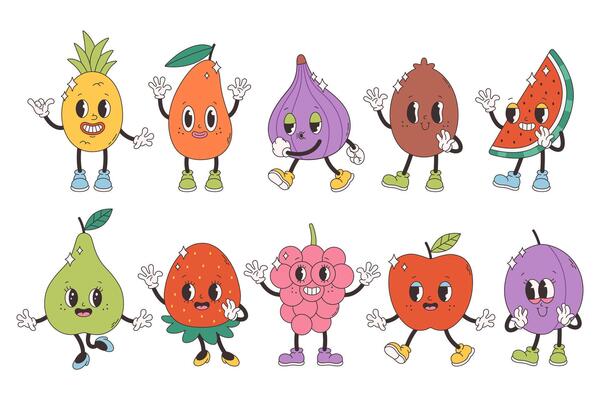 Cute groovy fruit characters. Trendy funky retro cartoon fruits. Groovy summer characters collection