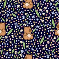 Capybara relaxing surrounded by flowers, seamless pattern vector