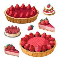 Assorted strawberry desserts and cakes with tarts on white background, set illustration vector