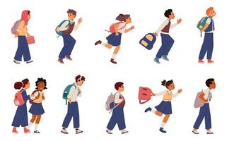 Diverse children in uniform with backpacks going to school flat illustrations set isolated on white. vector
