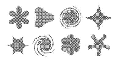 Set of 8 abstract stipple shapes starbursts, spirals, floral and organic forms in halftone dot style. Retro modern bitmap design elements for posters, collages, prints, and more. vector
