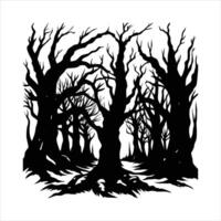 a dark cursed forest with twisted tree vector