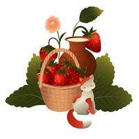 Basket of strawberries, clay jug of milk and cute kitten on the background of strawberry bush. illustration isolated on white background. vector