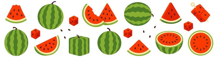 Large collection of whole and sliced watermelons in various shapes, including round and square fruits, with seeds on white background, perfect for food, summer, or fruit design themes vector