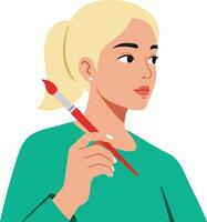 Woman with paintbrush holding red brush in thoughtful pose illustration in simple style vector