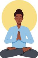 Woman meditating in lotus pose with hands in prayer gesture and peaceful expression in illustration vector