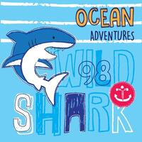 Shark Attack Typography Tee Design, Ocean Predator Graphic Art for T-Shirt Print, Bold Underwater Adventure Illustration vector