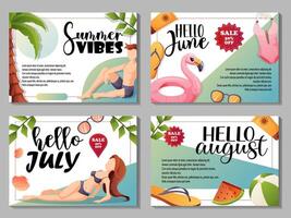 Set of summer banners with characters and month themes vector