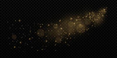 Golden glitter trail with sparkles, dust and magical swirl. Abstract wave with shimmer, flare and confetti. Luxury 3D light effect for holiday, birthday. isolated festive design vector
