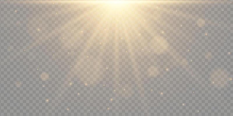 Golden light glow effect. Bright sun flare, sparkles and radial rays on background. Includes abstract glitter, bokeh, lens glare and sunshine burst. aura texture for design use.