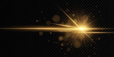 Glowing golden sunburst with radial rays, flare and sparkle. Bright abstract light effect with gradient beam and aura. element on background. Perfect for energy or sunlight themes. vector