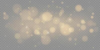 Golden light bokeh effect with glitter dust, sparkles and festive confetti. Abstract glowing texture on dark background. Includes flare, starburst, snow, spray and firework. for holidays. vector