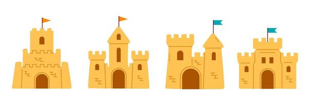 Collection of unique sandcastles with flags. Great for beach themes, summer graphics, and kids illustrations. vector