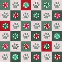 Plaid green, red and white and paws and candies pattern vector