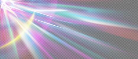 Prismatic light flare with rainbow glow. Crystal glass refraction and holographic sparkle. Abstract iridescent burst with realistic shine and colorful gradient. Perfect for magic or fantasy design. vector
