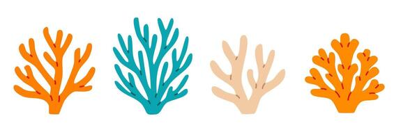 Collection of colorful coral illustrations in orange, teal, and beige tones. Includes various coral types with flat marine design on white vector