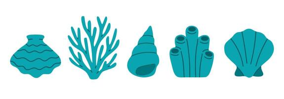 Set of blue ocean-themed icons including shells, corals, and tube sponges in flat design style for aquatic projects vector