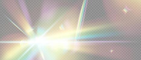 Prism light flare with rainbow glow and crystal refraction. Iridescent abstract effect with sparkle, glare and soft beam. overlay for product or magic design. vector