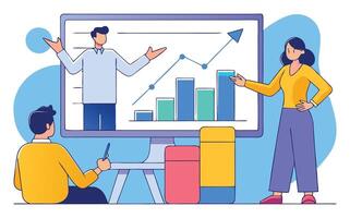 Business Presentation with Teamwork Analysis A Man Presents a Growing Bar Chart on a Screen While a Woman and a Man Listen and Take Notes Illustrating Business Growth and Success vector