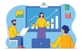Business Presentation with Team Members in a Modern Office Featuring a Woman Presenting Growth Charts and Data Analysis with Colleagues Using Laptops and Discussing Strategy in a Flat Design Style vector