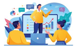 Teamwork and Business Growth Presentation A Woman Presenting a Bar Chart with an Upward Trend to Two Colleagues in a Modern Colorful and Stylized Illustration art vector