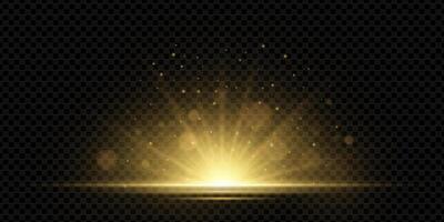 Radiant golden light burst with glowing sun rays and bokeh sparkles. Abstract flare effect with gradient beam, halo, and sunlight energy. design with disco glare and magical sunshine aura. vector