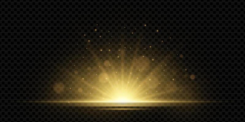 Radiant golden light burst with glowing sun rays and bokeh sparkles. Abstract flare effect with gradient beam, halo, and sunlight energy. design with disco glare and magical sunshine aura.