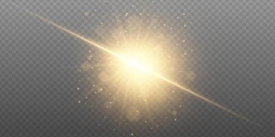 Golden light burst with sparkling magic effect. Radiant sunbeam with glitter, star flash and shiny flare on background. Perfect for festive, energy or Christmas themes. vector