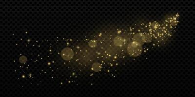 Golden glitter swirl with stardust particles and confetti spark. Trail of magical dust and glow on background. Abstract festive effect for luxury or holiday themes. vector