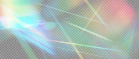 Shiny prism light burst with rainbow flare and crystal glow. Holographic rays reflect on lens and glass surface. Radiant sunbeam effect with glitter, magic glare and camera film spark. vector