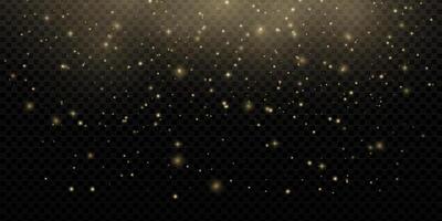 Glowing gold glitter with radiant sparkles and shiny confetti. Magic light flare and stardust particles on dark background. Ideal for festive banners or night celebration design. vector
