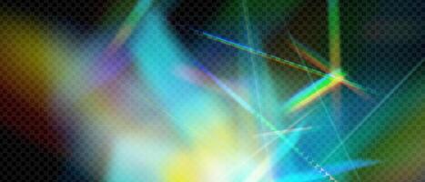 Prism beam with rainbow flare and glitch burst. Crystal glow, shiny hologram and streak sparkle on background. Blue gem magic with film aura and star fantasy detail. vector