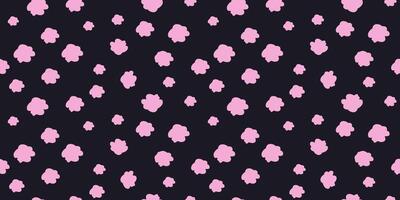 Playful seamless pattern with pink cloud shapes scattered on a black background. Plain minimalist print for children's designs, bold wallpapers, stationery, and cheerful creative projects. vector