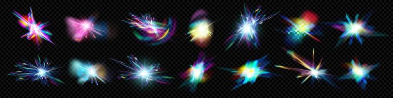 Rainbow prism light effect set with crystal shine and glass flare. Iridescent sparkle and glowing spectrum burst on background. Abstract optical magic for fantasy or jewelry themes. vector