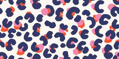 Modern seamless animal-inspired pattern with bold navy, and orange spots on a white light background. unique leopard print. Trendy, vibrant design ideal for fashion, textiles, stationery, vector