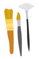 Set of three paint brushes in different shapes and colors in flat style. Concept illustrates creativity, artistic tools and the process of painting vector