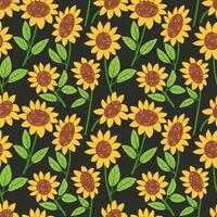 Seamless sunflower pattern with vibrant yellow blooms and green leaves on black background. Captures warmth, positivity and bold floral elegance in a cheerful botanical design vector