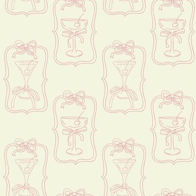 Romantic seamless pattern with cocktail glasses, bows and cherries in soft pink lines. Concept evokes elegance, celebration and feminine vintage charm